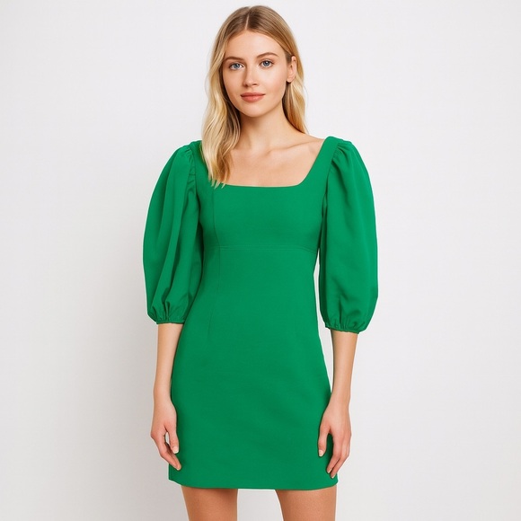 NWT Mac Duggal Square Neck Balloon Sleeve Mini Dress Green 2 Emerald #7974 - Picture 1 of 6
